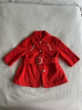 Vintage Red Girls' Belted Pea Coat with Decorative Buttons - 2T